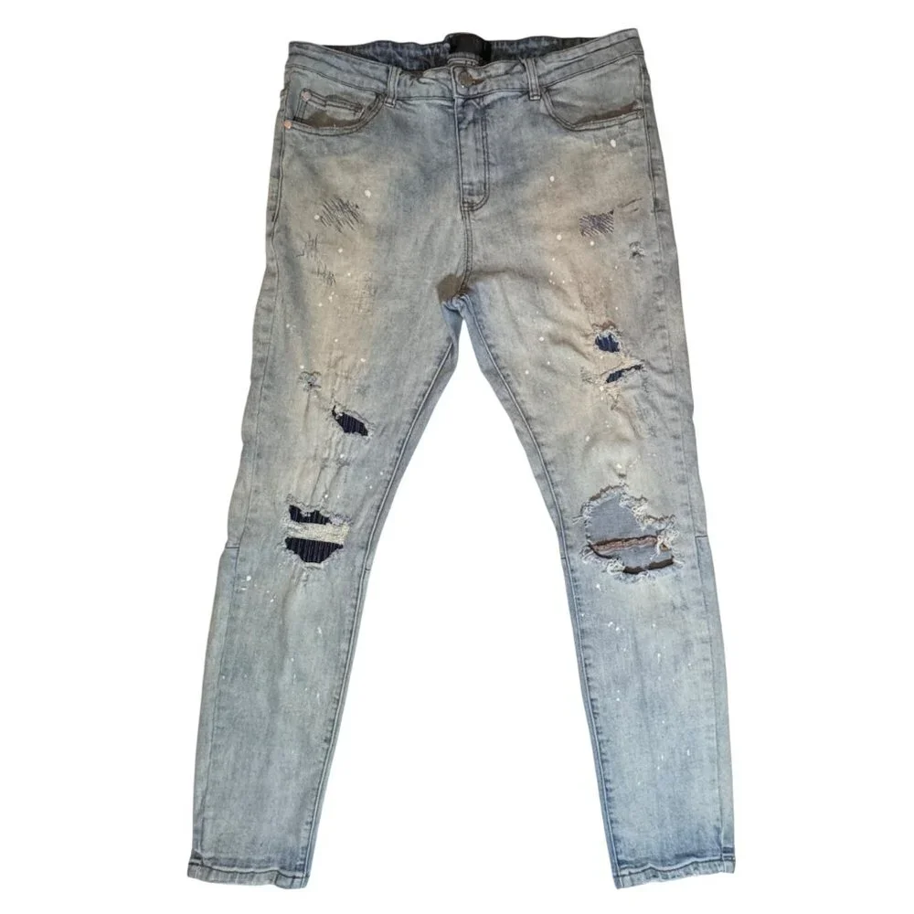 THRT Distressed Splatter Jeans Men 40x32 Lt Wash Ripped Distressed Grunge Street - Picture 9 of 16
